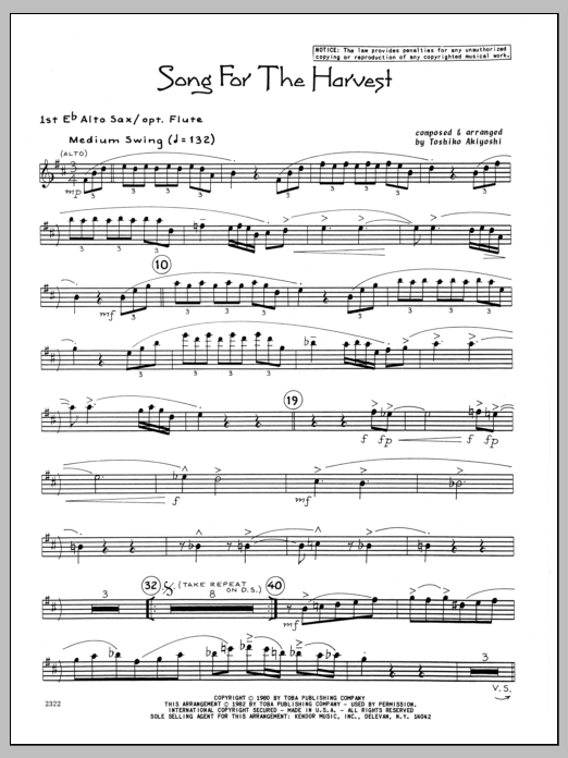 Learn to play Toshiko Akiyoshi Song For The Harvest - 1st Eb Alto Saxophone sheet music for Jazz Ensemble in minutes. Toshiko Akiyoshi Song For The Harvest - 1st Eb Alto Saxophone sheet music preview music notes and score for Jazz Ensemble including 3 page(s)