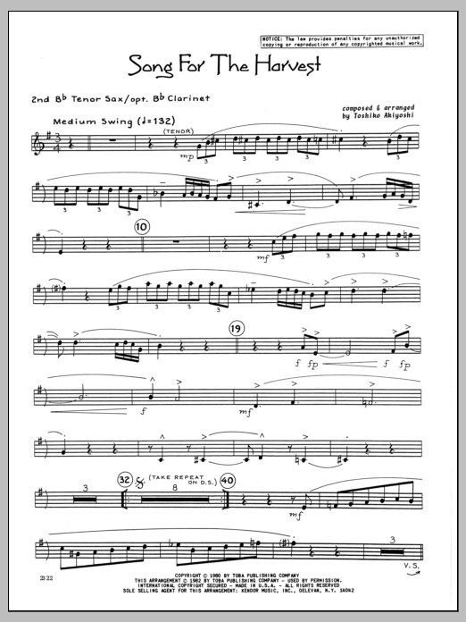 Learn to play Toshiko Akiyoshi Song For The Harvest - 2nd Bb Tenor Saxophone sheet music for Jazz Ensemble in minutes. Toshiko Akiyoshi Song For The Harvest - 2nd Bb Tenor Saxophone sheet music preview music notes and score for Jazz Ensemble including 3 page(s)