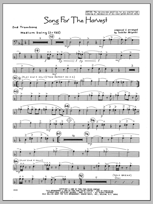 Learn to play Toshiko Akiyoshi Song For The Harvest - 2nd Trombone sheet music for Jazz Ensemble in minutes. Toshiko Akiyoshi Song For The Harvest - 2nd Trombone sheet music preview music notes and score for Jazz Ensemble including 2 page(s)