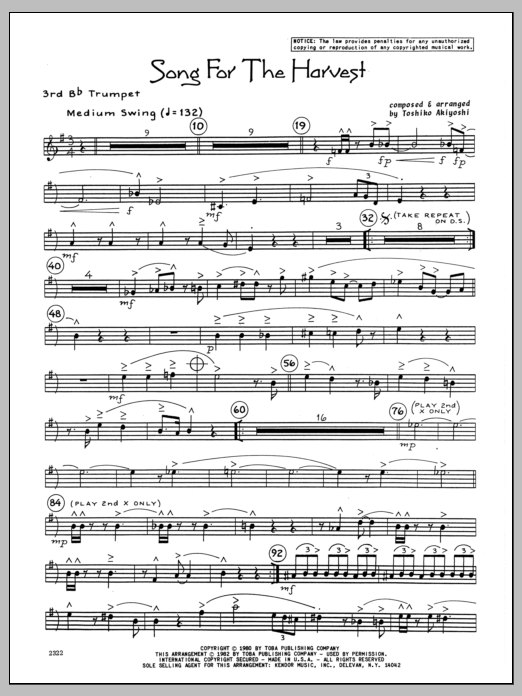 Learn to play Toshiko Akiyoshi Song For The Harvest - 3rd Bb Trumpet sheet music for Jazz Ensemble in minutes. Toshiko Akiyoshi Song For The Harvest - 3rd Bb Trumpet sheet music preview music notes and score for Jazz Ensemble including 2 page(s)