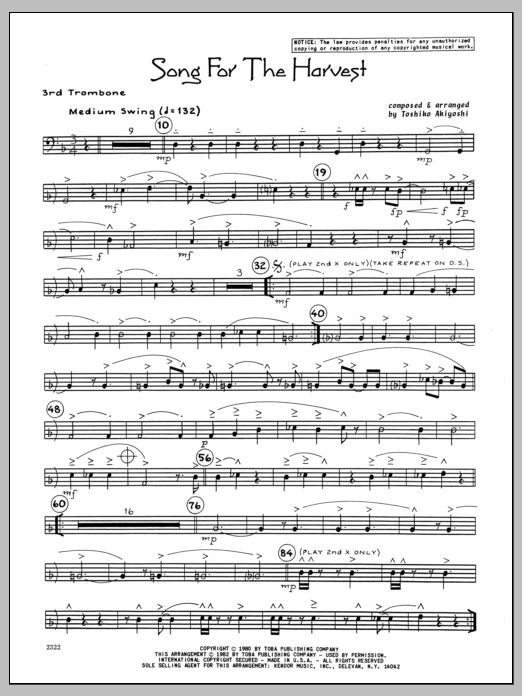 Learn to play Toshiko Akiyoshi Song For The Harvest - 3rd Trombone sheet music for Jazz Ensemble in minutes. Toshiko Akiyoshi Song For The Harvest - 3rd Trombone sheet music preview music notes and score for Jazz Ensemble including 2 page(s)