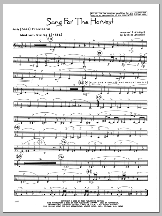 Learn to play Toshiko Akiyoshi Song For The Harvest - 4th Trombone sheet music for Jazz Ensemble in minutes. Toshiko Akiyoshi Song For The Harvest - 4th Trombone sheet music preview music notes and score for Jazz Ensemble including 2 page(s)