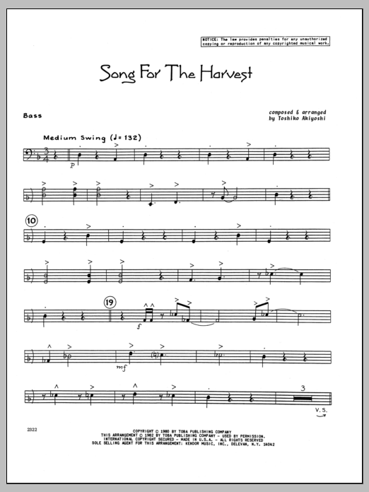 Learn to play Toshiko Akiyoshi Song For The Harvest - Bass sheet music for Jazz Ensemble in minutes. Toshiko Akiyoshi Song For The Harvest - Bass sheet music preview music notes and score for Jazz Ensemble including 3 page(s)