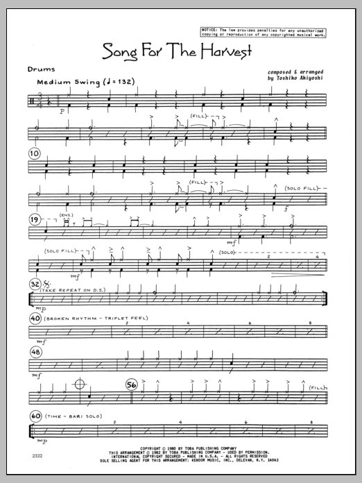 Learn to play Toshiko Akiyoshi Song For The Harvest - Drums sheet music for Jazz Ensemble in minutes. Toshiko Akiyoshi Song For The Harvest - Drums sheet music preview music notes and score for Jazz Ensemble including 2 page(s)