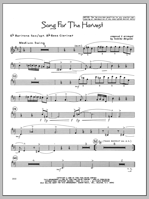 Learn to play Toshiko Akiyoshi Song For The Harvest - Eb Baritone Sax sheet music for Jazz Ensemble in minutes. Toshiko Akiyoshi Song For The Harvest - Eb Baritone Sax sheet music preview music notes and score for Jazz Ensemble including 3 page(s)