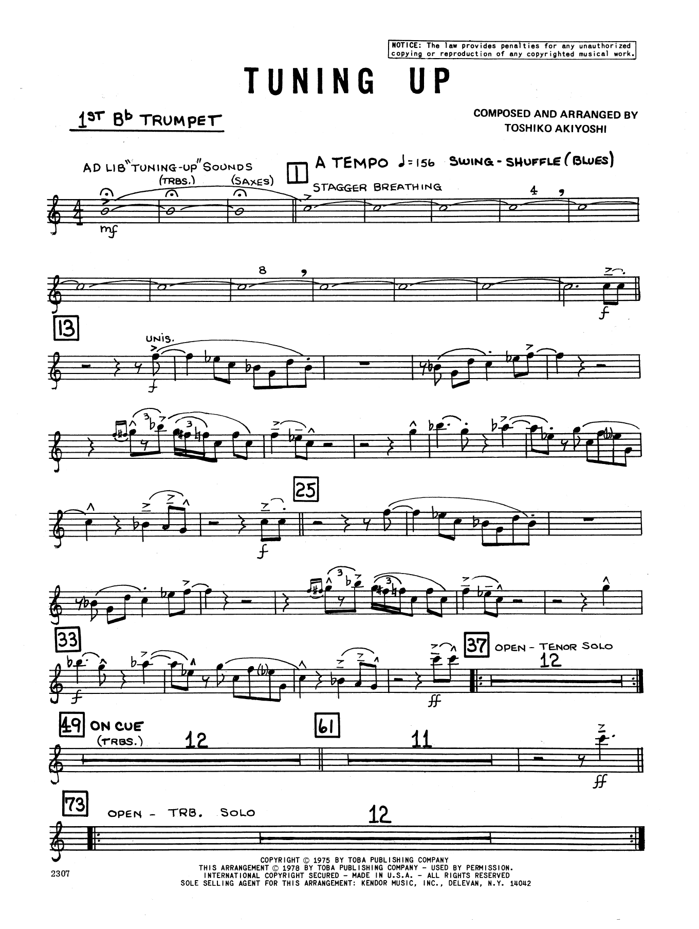 Toshiko Akiyoshi Tuning Up - 1st Bb Trumpet sheet music preview music notes and score for Jazz Ensemble including 3 page(s)