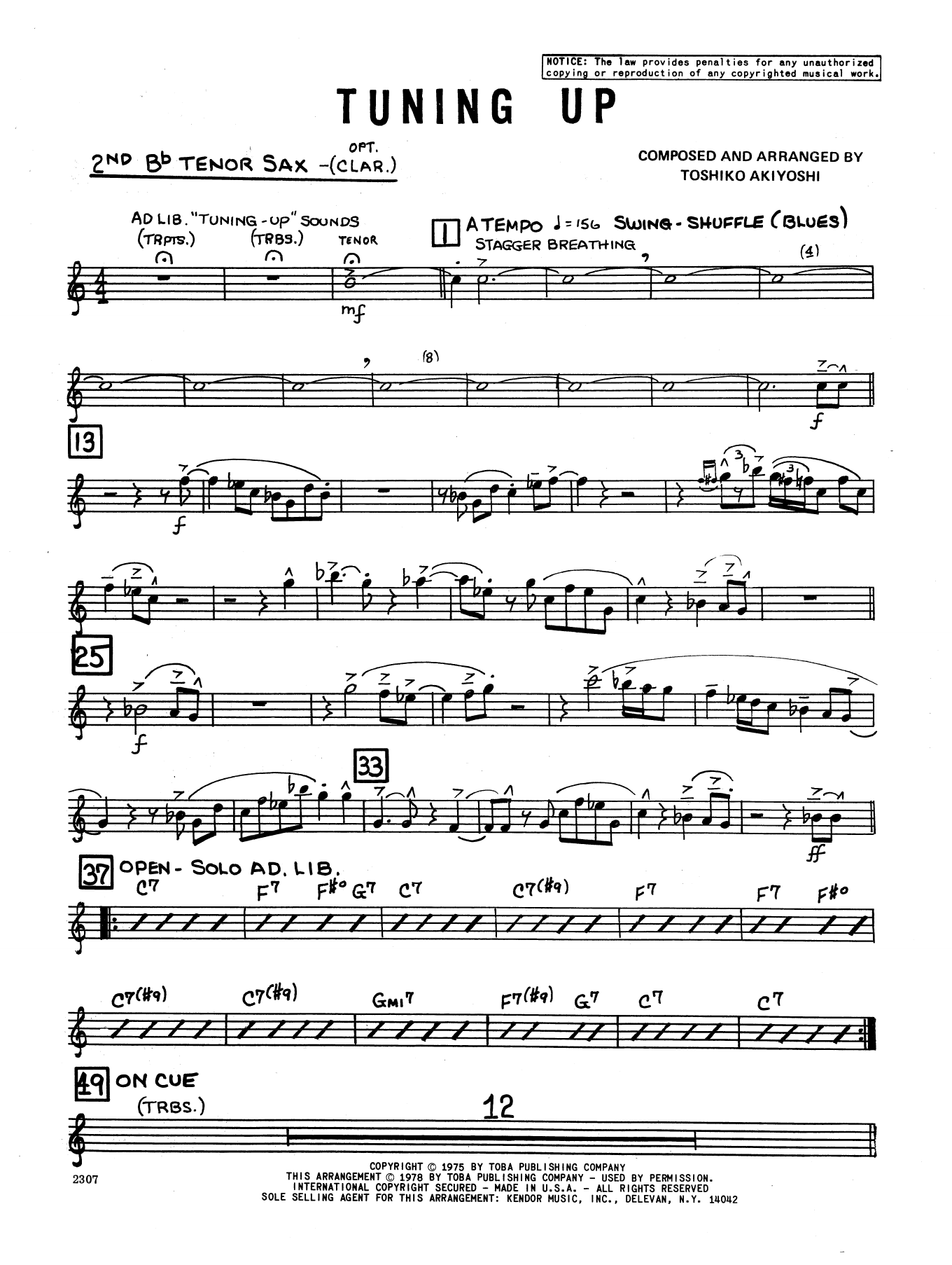 Learn to play Toshiko Akiyoshi Tuning Up - 2nd Bb Tenor Saxophone sheet music for Jazz Ensemble in minutes. Toshiko Akiyoshi Tuning Up - 2nd Bb Tenor Saxophone sheet music preview music notes and score for Jazz Ensemble including 3 page(s)