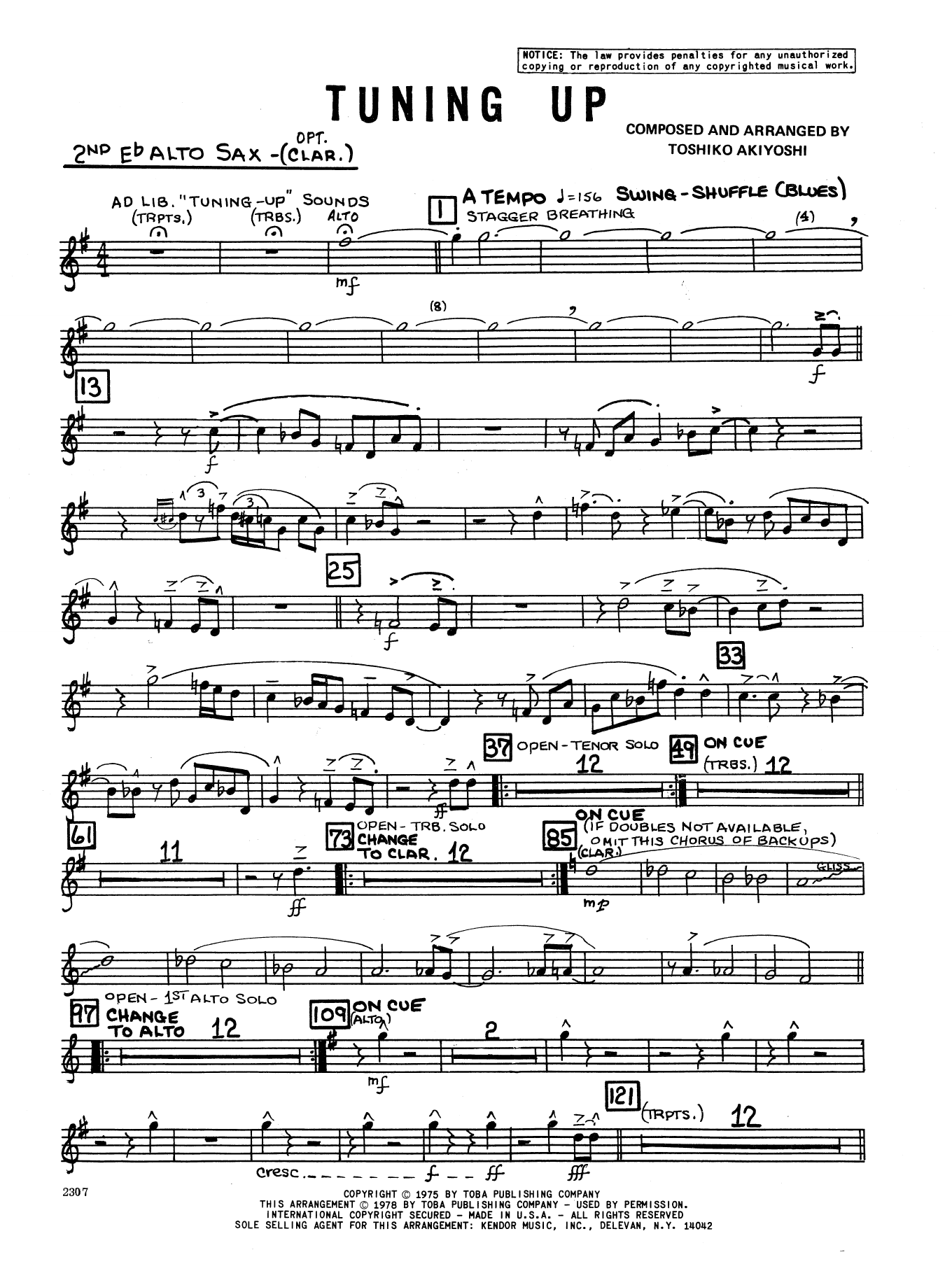 Learn to play Toshiko Akiyoshi Tuning Up - 2nd Eb Alto Saxophone sheet music for Jazz Ensemble in minutes. Toshiko Akiyoshi Tuning Up - 2nd Eb Alto Saxophone sheet music preview music notes and score for Jazz Ensemble including 2 page(s)
