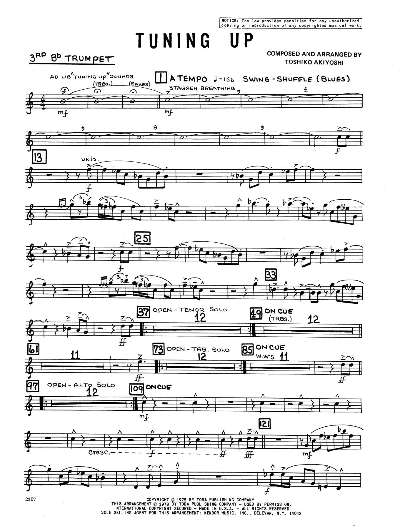 Learn to play Toshiko Akiyoshi Tuning Up - 3rd Bb Trumpet sheet music for Jazz Ensemble in minutes. Toshiko Akiyoshi Tuning Up - 3rd Bb Trumpet sheet music preview music notes and score for Jazz Ensemble including 2 page(s)