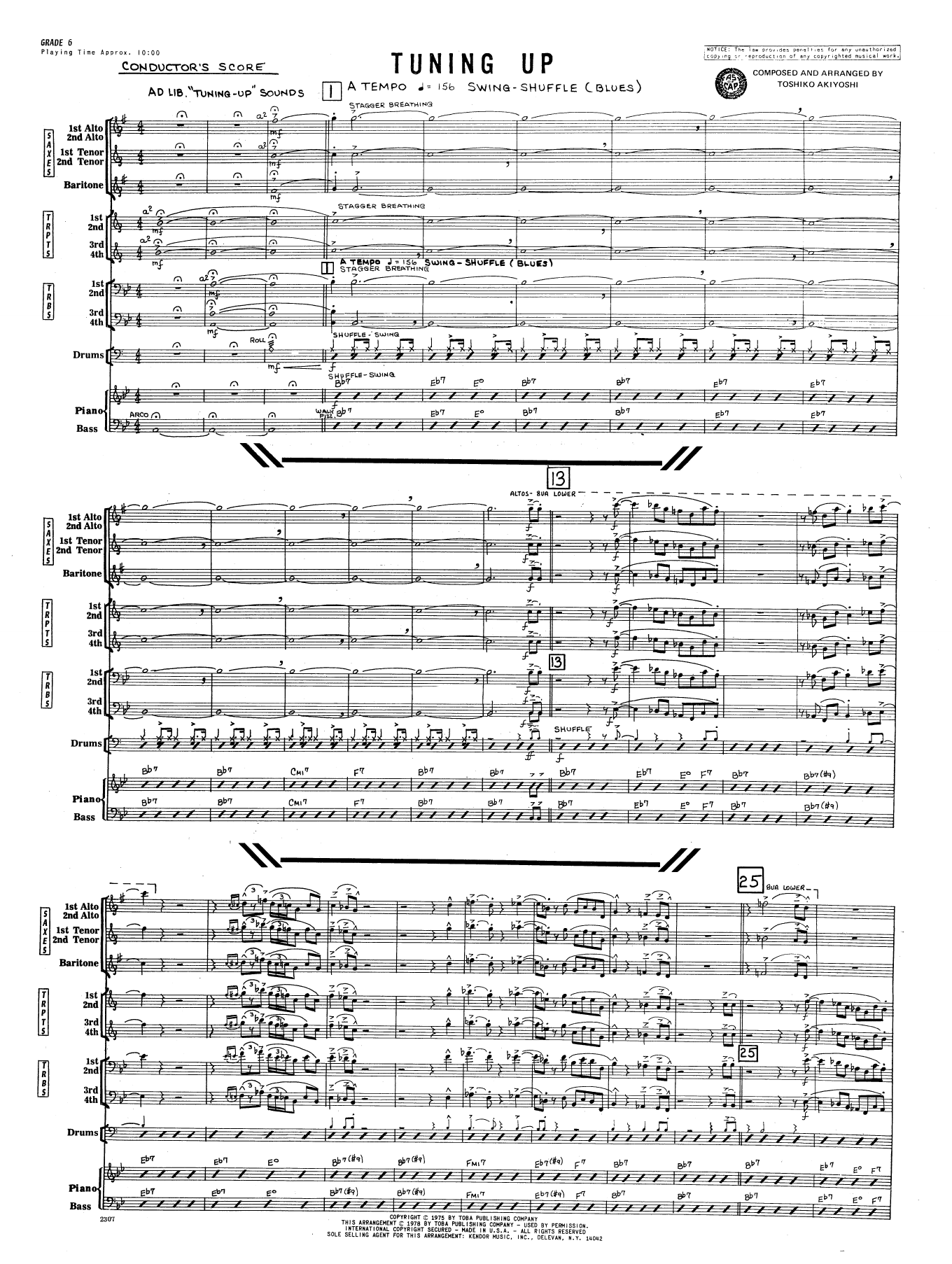 Learn to play Toshiko Akiyoshi Tuning Up - Full Score sheet music for Jazz Ensemble in minutes. Toshiko Akiyoshi Tuning Up - Full Score sheet music preview music notes and score for Jazz Ensemble including 13 page(s)
