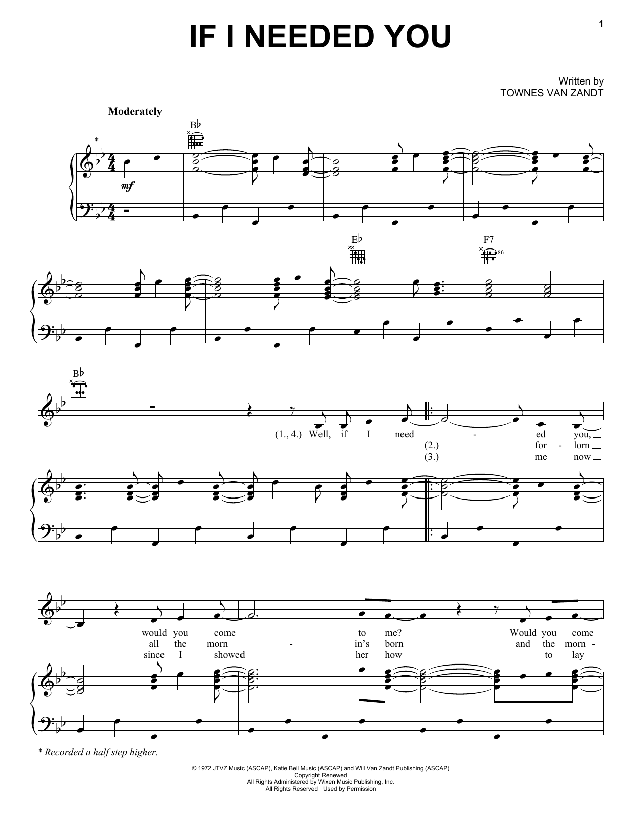 Townes Van Zandt If I Needed You sheet music preview music notes and score for Piano, Vocal & Guitar (Right-Hand Melody) including 2 page(s)