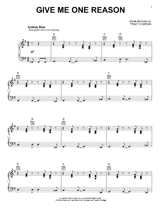 Download Tracy Chapman Give Me One Reason sheet music notes and chords for Lyrics & Piano Chords - Download Printable PDF and start playing in minutes.