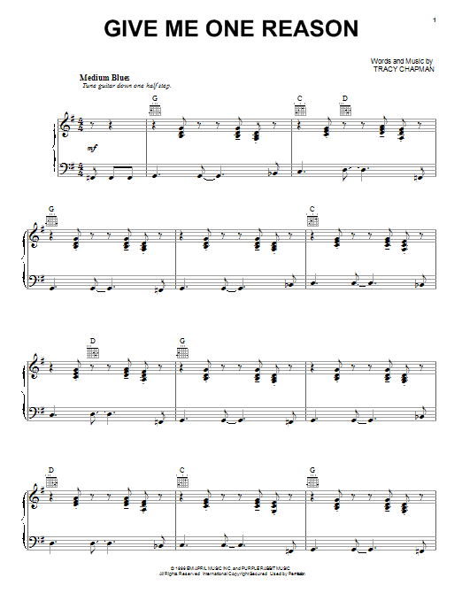 Tracy Chapman Give Me One Reason sheet music preview music notes and score for Piano, Vocal & Guitar (Right-Hand Melody) including 5 page(s)