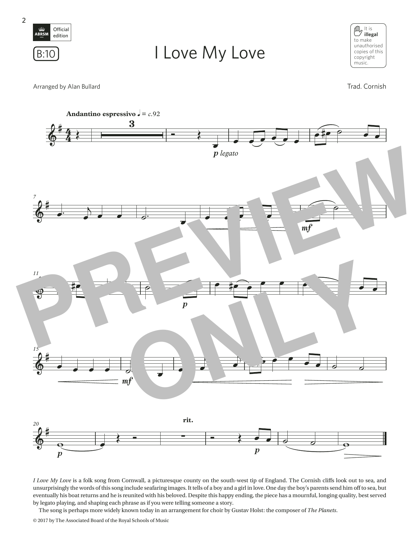 Trad. Cornish I Love My Love (Grade 2 List B10 from the ABRSM Clarinet syllabus from 2022) sheet music, chords, lyrics - Printable PDF for Clarinet Solo