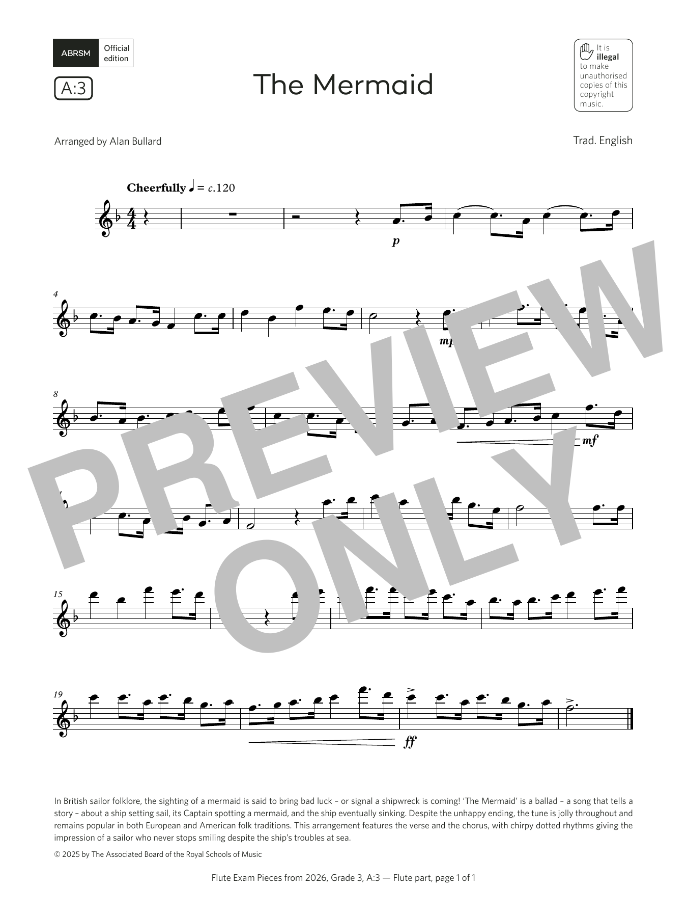 Trad. English The Mermaid (Grade 3, list A3, from the ABRSM Flute Syllabus from 2026) sheet music, chords, lyrics - Printable PDF for Flute Solo