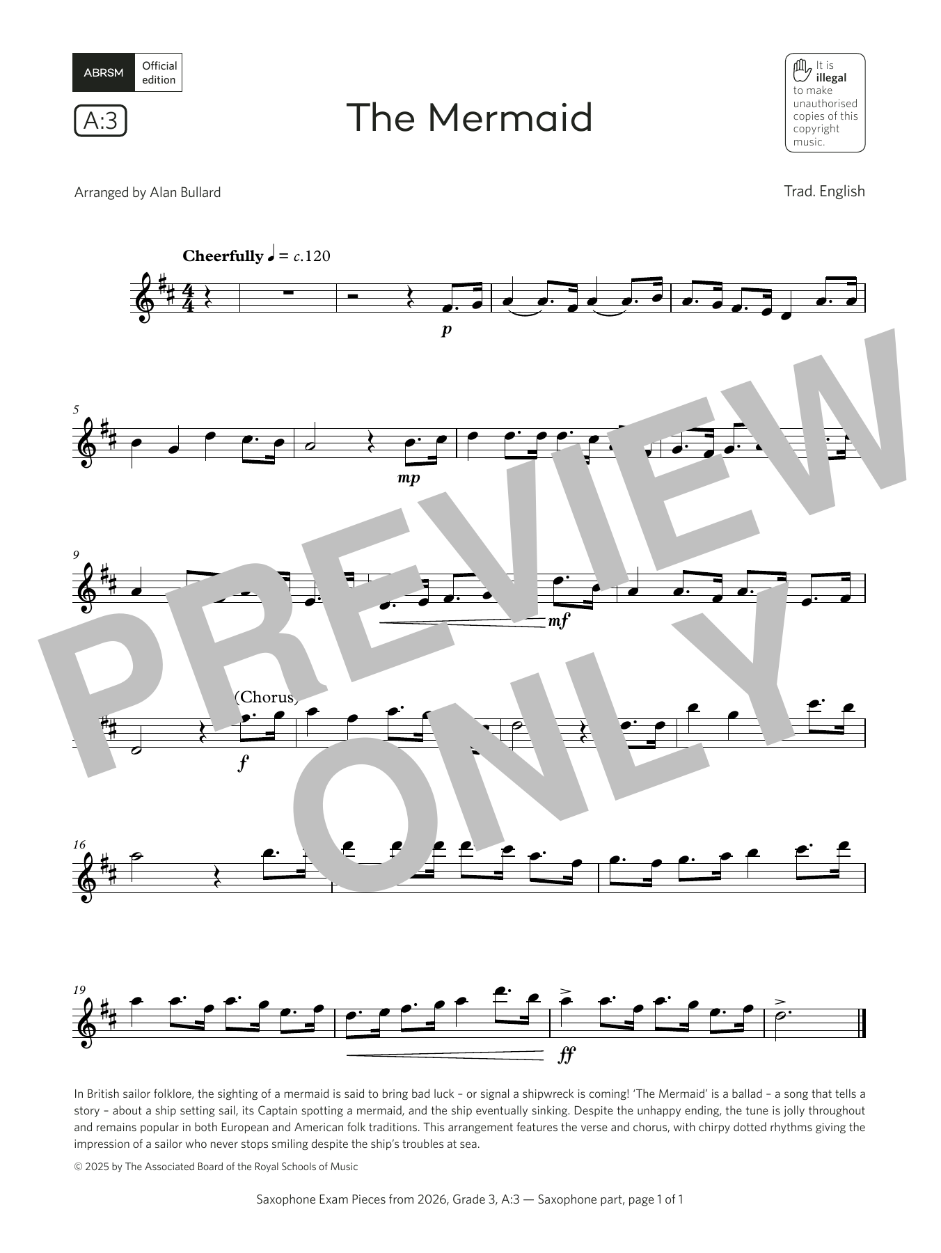 Trad. English The Mermaid (Grade 3, list A3, from the ABRSM Saxophone Syllabus from 2026) sheet music, chords, lyrics - Printable PDF for Alto Sax Solo
