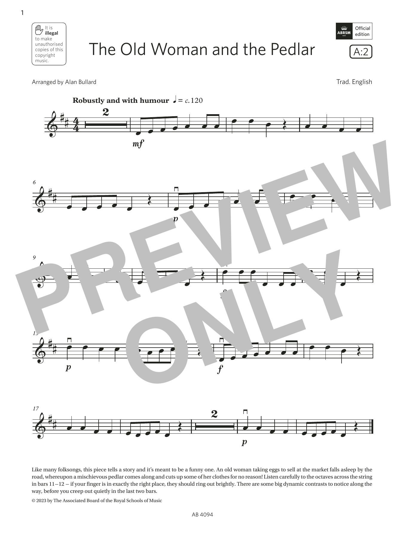 Trad. English The Old Woman and the Pedlar (Grade Initial, A2, from the ABRSM Violin Syllabus from 2024) sheet music, chords, lyrics - Printable PDF for Violin Solo