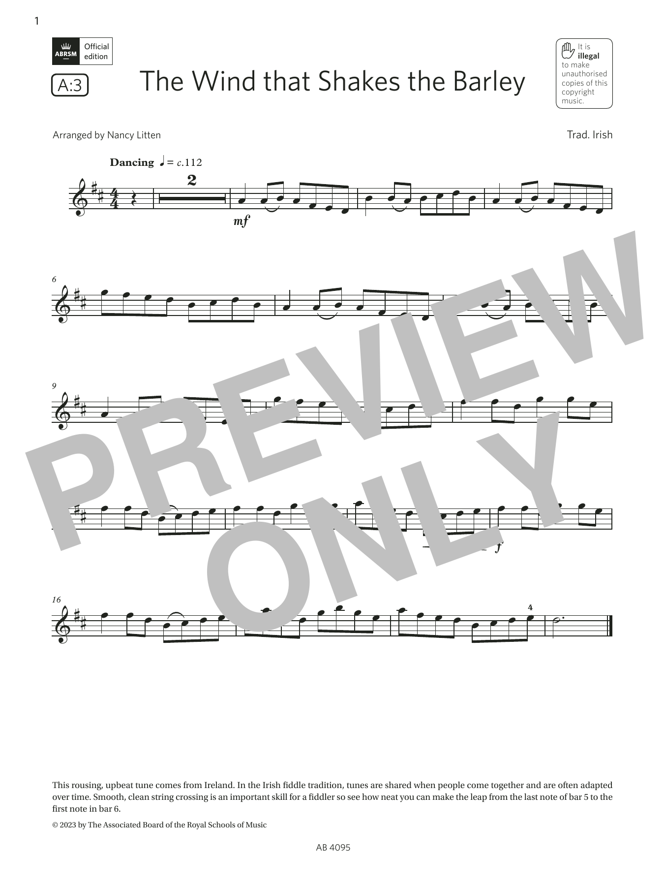 Trad. Irish The Wind that Shakes the Barley (Grade 1, A3, from the ABRSM Violin Syllabus from 2024) sheet music, chords, lyrics - Printable PDF for Violin Solo