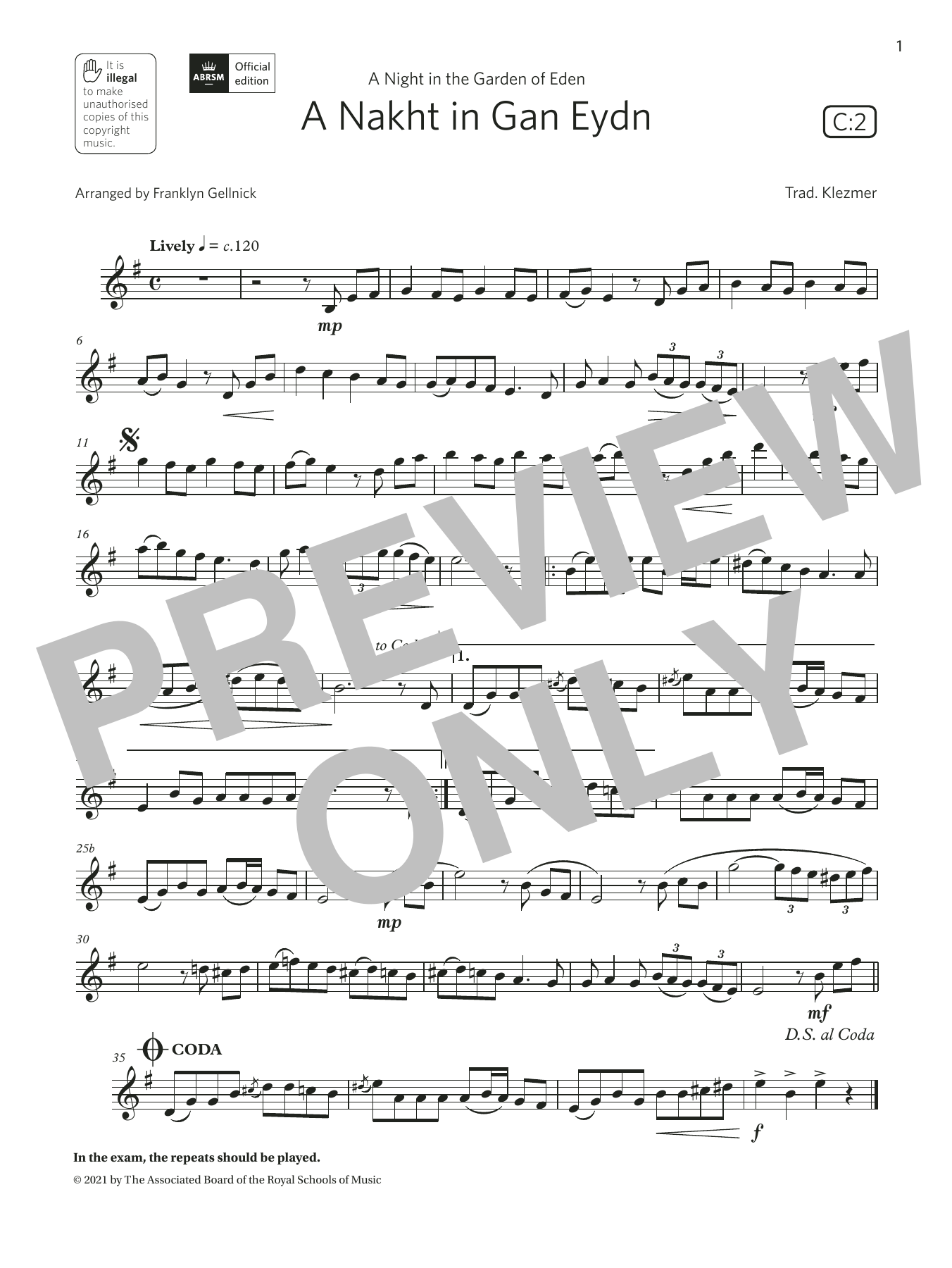 Trad. Klezmer A Nakht in Gan Eydn (Grade 4 List C2 from the ABRSM Clarinet syllabus from 2022) sheet music, chords, lyrics - Printable PDF for Clarinet Solo