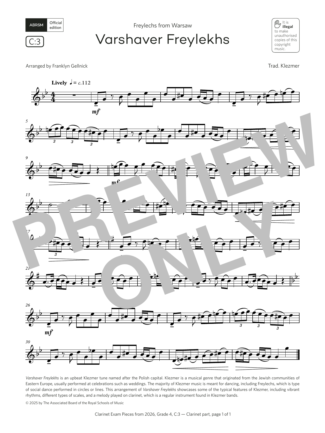 Trad. Klezmer Varshaver Freylekhs (Grade 4, list C3, from the ABRSM Clarinet Syllabus from 2026) sheet music, chords, lyrics - Printable PDF for Clarinet Solo