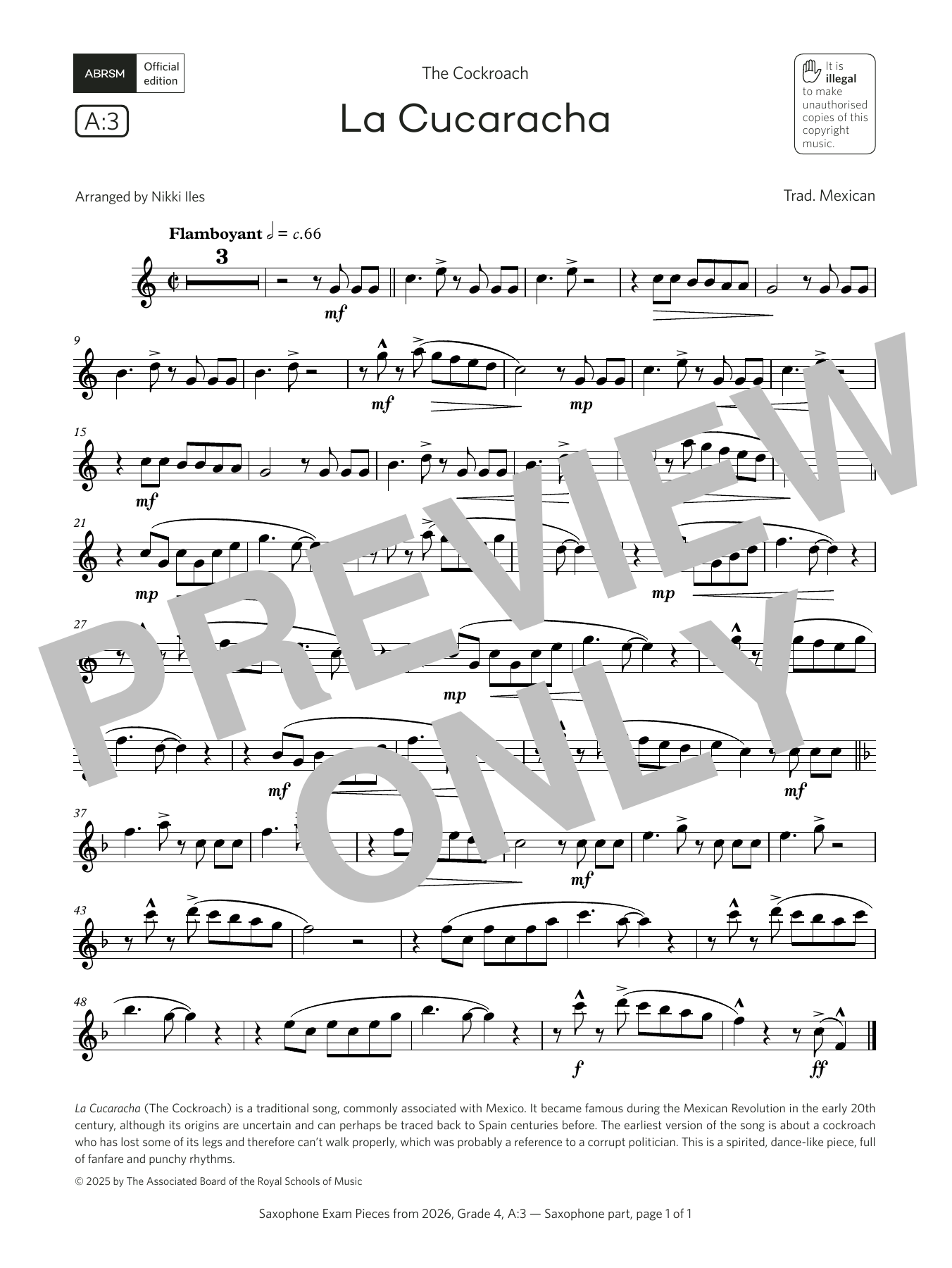 Trad. Mexican La Cucaracha (Grade 4, list A3, from the ABRSM Saxophone Syllabus from 2026) sheet music, chords, lyrics - Printable PDF for Alto Sax Solo