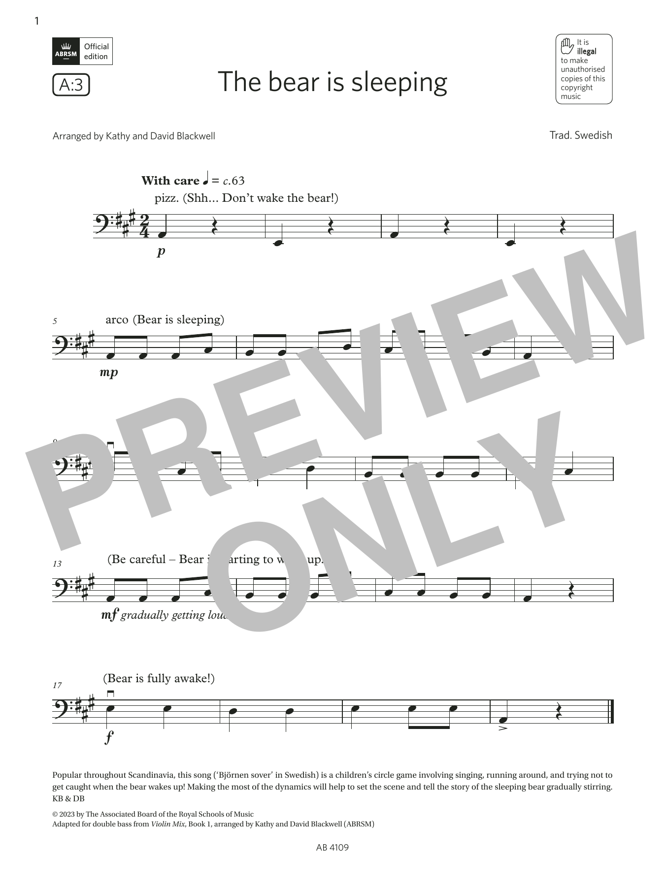 Trad. Swedish The bear is sleeping (Grade Initial, A3, from the ABRSM Double Bass Syllabus from 2024) sheet music, chords, lyrics - Printable PDF for String Bass Solo