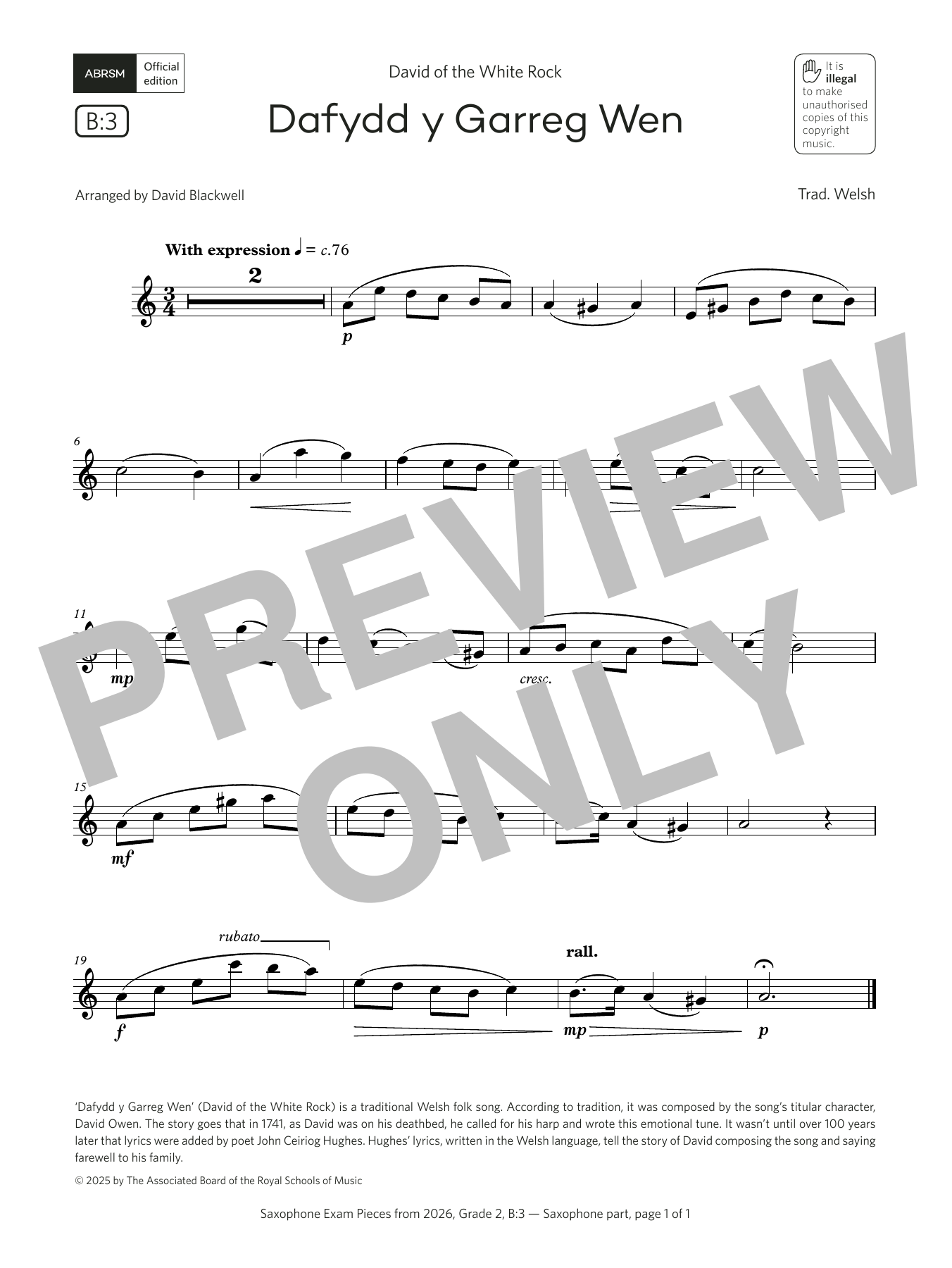 Trad. Welsh Dafydd y Garreg Wen (Grade 2, list B3, from the ABRSM Saxophone Syllabus from 2026) sheet music, chords, lyrics - Printable PDF for Alto Sax Solo