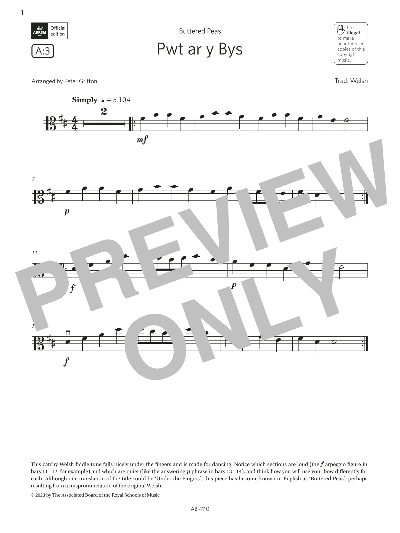Trad. Welsh Pwt ar y Bys (Grade Initial, A3, from the ABRSM Viola Syllabus from 2024) sheet music, chords, lyrics - Printable PDF for Viola Solo