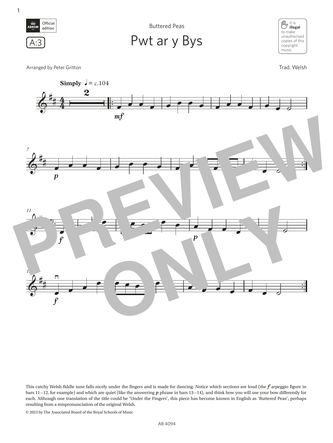 Trad. Welsh Pwt ar y Bys (Grade Initial, A3, from the ABRSM Violin Syllabus from 2024) sheet music, chords, lyrics - Printable PDF for Violin Solo