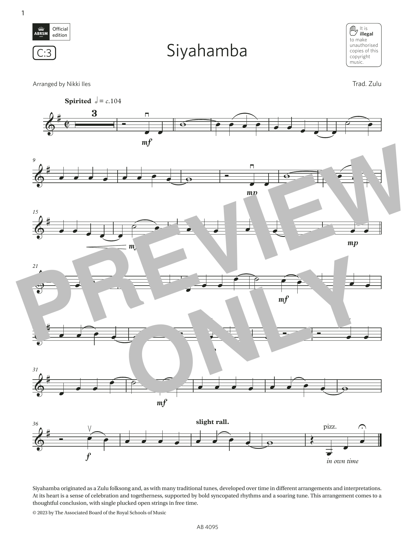 Trad. Zulu Siyahamba (Grade 1, C3, from the ABRSM Violin Syllabus from 2024) sheet music, chords, lyrics - Printable PDF for Violin Solo