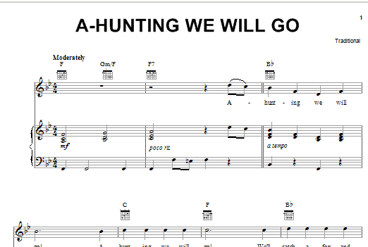 Download Traditional A-Hunting We Will Go sheet music notes and chords for Piano, Vocal & Guitar (Right-Hand Melody) - Download Printable PDF and start playing in minutes.