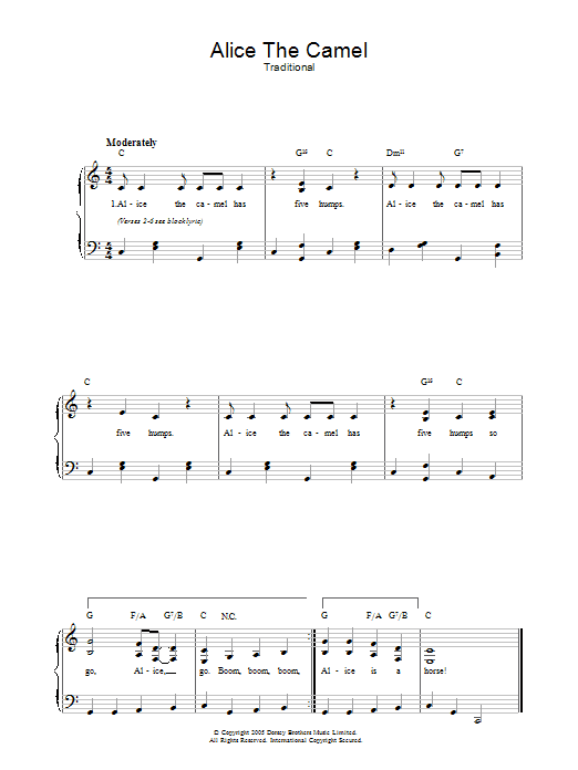 Learn to play Traditional Alice The Camel sheet music for Melody Line, Lyrics & Chords in minutes. Traditional Alice The Camel sheet music preview music notes and score for Melody Line, Lyrics & Chords including 2 page(s)