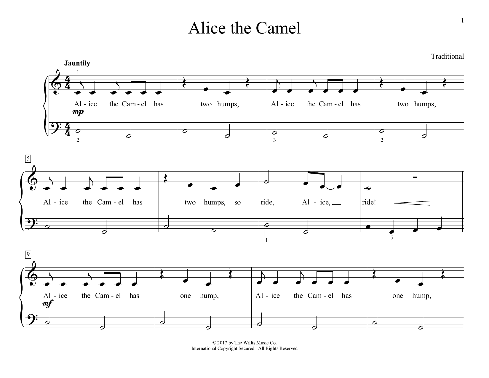 Learn to play Traditional Alice The Camel (arr. Christopher Hussey) sheet music for Educational Piano in minutes. Traditional Alice The Camel (arr. Christopher Hussey) sheet music preview music notes and score for Educational Piano including 2 page(s)