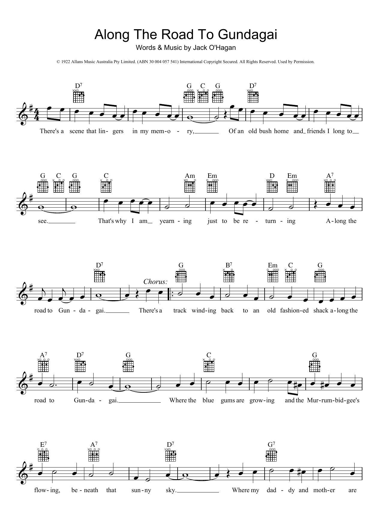 Learn to play Traditional Along The Road To Gundagai sheet music for Melody Line, Lyrics & Chords in minutes. Traditional Along The Road To Gundagai sheet music preview music notes and score for Melody Line, Lyrics & Chords including 2 page(s)