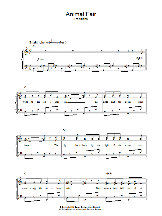 Learn to play Traditional Animal Fair sheet music for Piano, Vocal & Guitar (Right-Hand Melody) in minutes. Traditional Animal Fair sheet music preview music notes and score for Piano, Vocal & Guitar (Right-Hand Melody) including 2 page(s)
