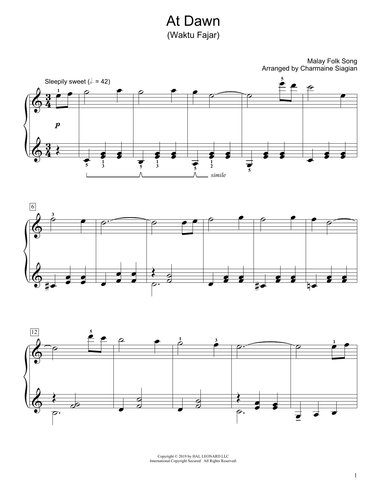 Learn to play Traditional At Dawn (Waktu Fajar) (arr. Charmaine Siagian) sheet music for Educational Piano in minutes. Traditional At Dawn (Waktu Fajar) (arr. Charmaine Siagian) sheet music preview music notes and score for Educational Piano including 2 page(s)