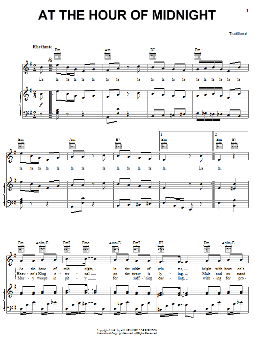 Learn to play Traditional At The Hour Of Midnight sheet music for Piano, Vocal & Guitar (Right-Hand Melody) in minutes. Traditional At The Hour Of Midnight sheet music preview music notes and score for Piano, Vocal & Guitar (Right-Hand Melody) including 2 page(s)