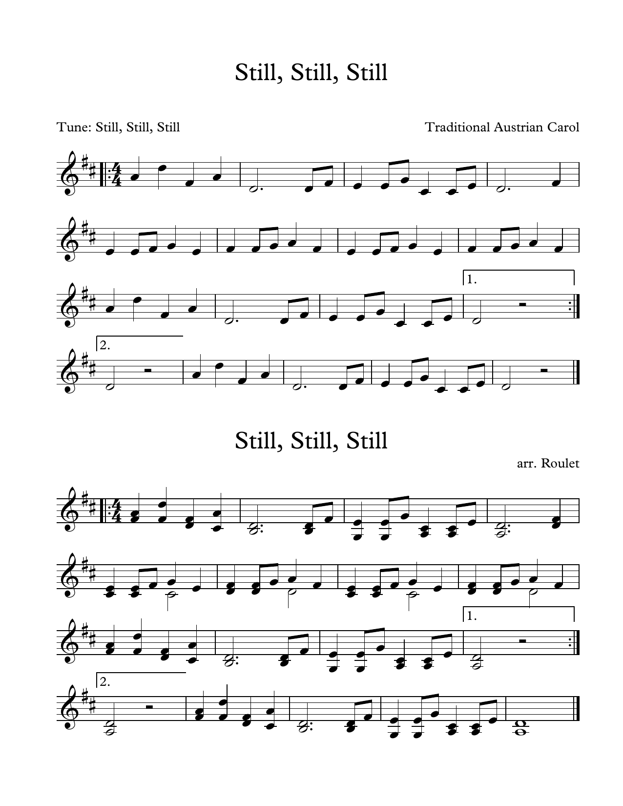 Traditional Austrian Carol Still, Still, Still (arr. Patrick Roulet) sheet music, chords, lyrics - Printable PDF for Marimba Solo