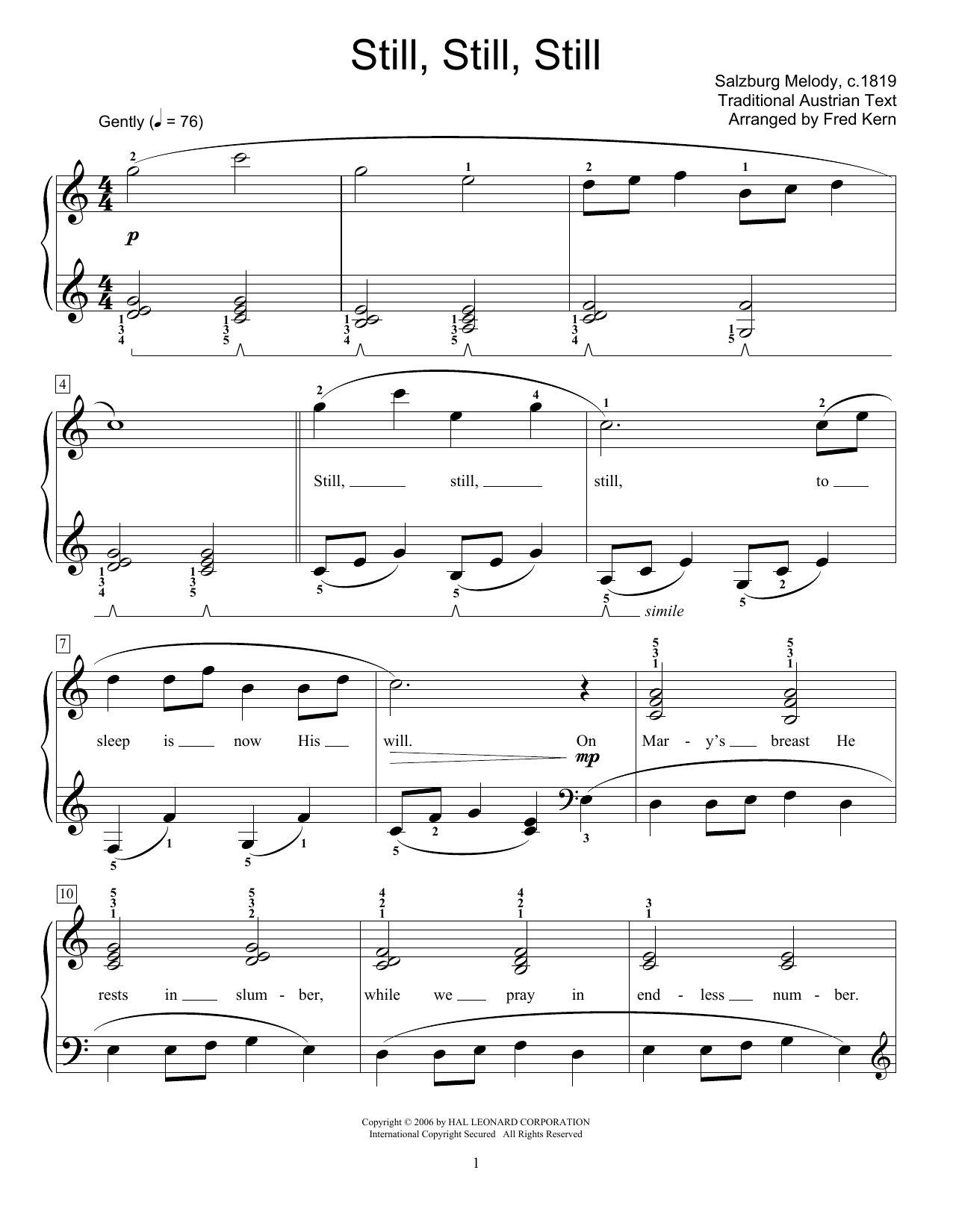 Traditional Austrian Text Still, Still, Still sheet music, chords, lyrics - Printable PDF for Educational Piano