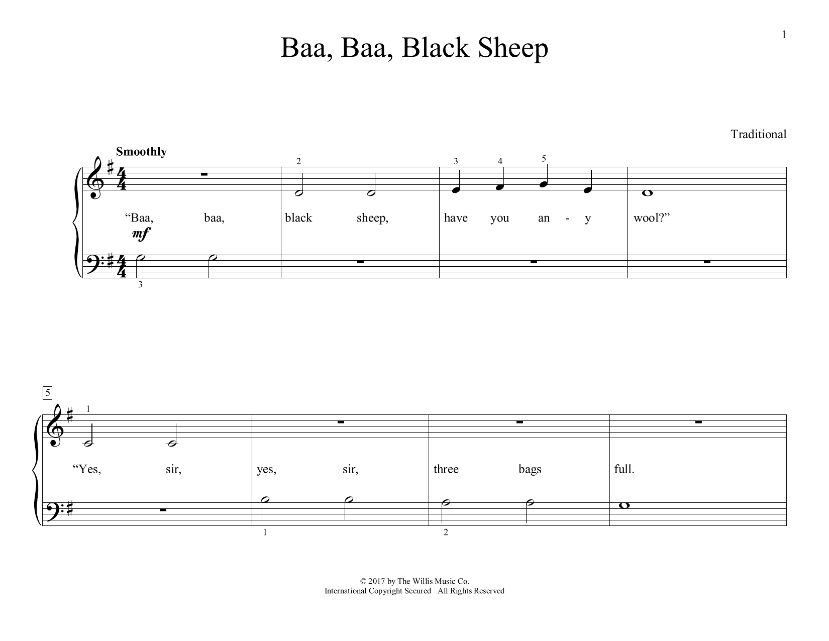 Traditional Baa, Baa, Black Sheep (arr. Christopher Hussey) sheet music, chords, lyrics - Printable PDF for Educational Piano