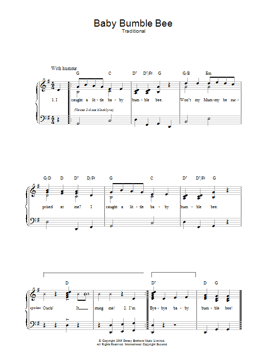 Traditional Baby Bumble Bee sheet music preview music notes and score for Piano & Vocal including 2 page(s)