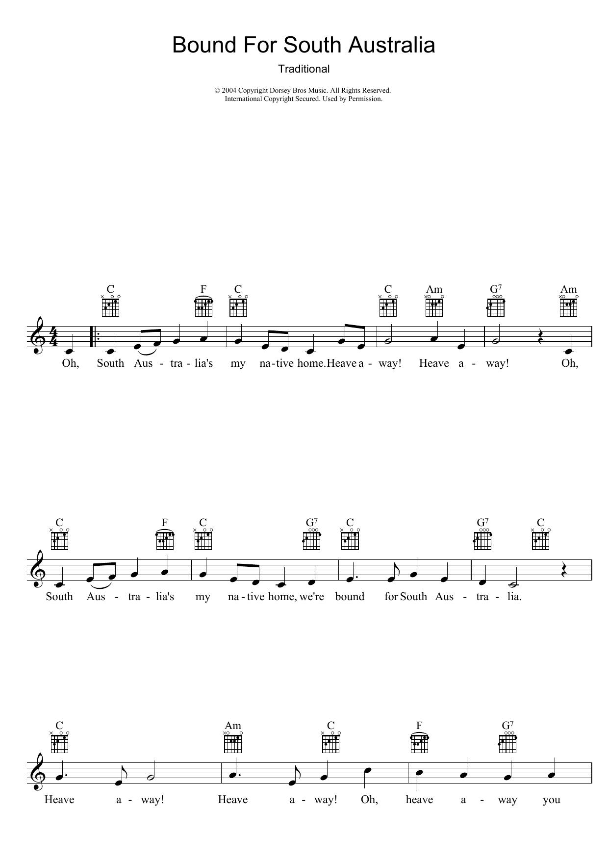 Learn to play Traditional Bound For South Australia sheet music for Melody Line, Lyrics & Chords in minutes. Traditional Bound For South Australia sheet music preview music notes and score for Melody Line, Lyrics & Chords including 2 page(s)