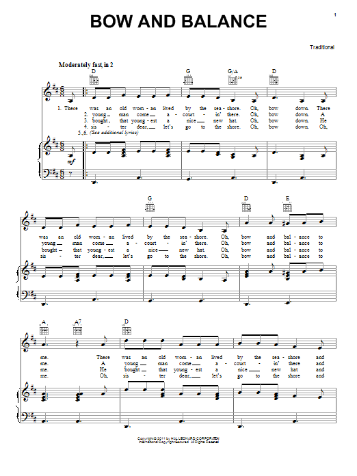 Learn to play Traditional Bow And Balance sheet music for Piano, Vocal & Guitar (Right-Hand Melody) in minutes. Traditional Bow And Balance sheet music preview music notes and score for Piano, Vocal & Guitar (Right-Hand Melody) including 2 page(s)