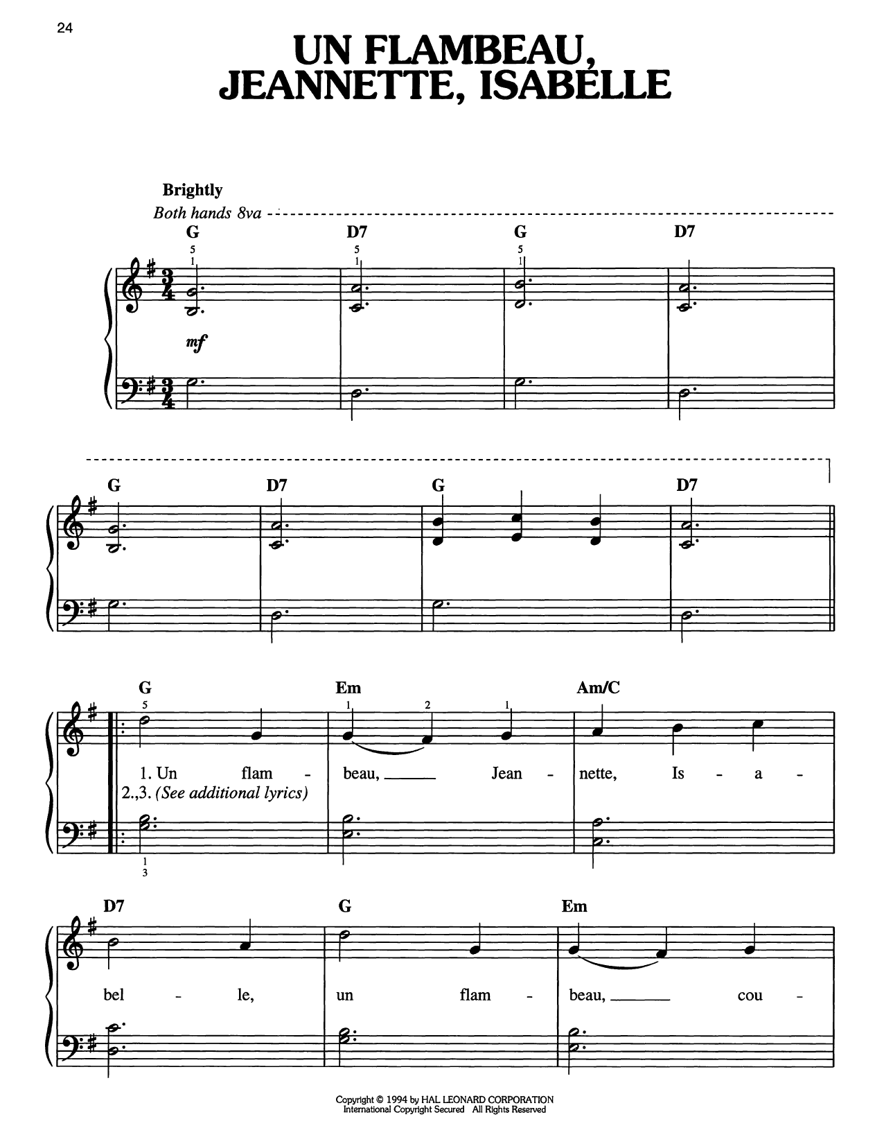 Traditional Carol Un Flambeau, Jeanette, Isabelle sheet music, chords, lyrics - Printable PDF for Easy Piano