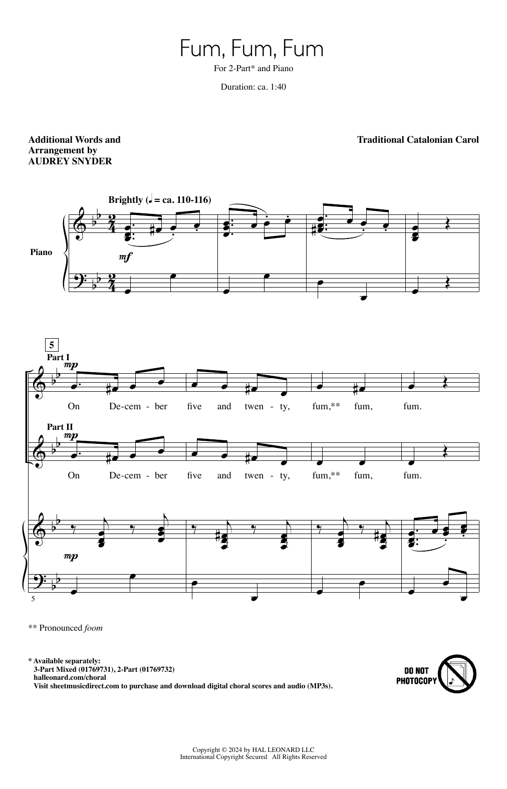 Traditional Catalonian Carol Fum, Fum, Fum (arr. Audrey Snyder) sheet music, chords, lyrics - Printable PDF for 3-Part Mixed Choir
