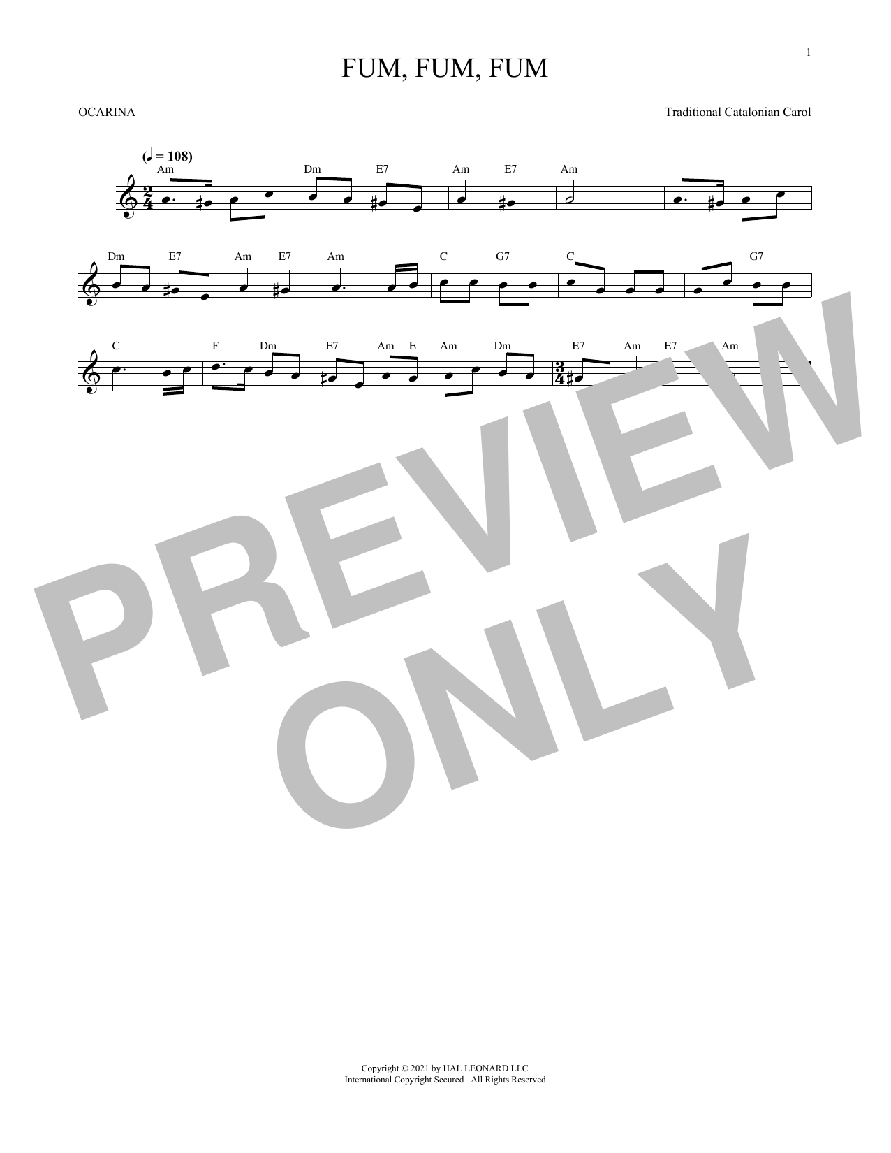 Traditional Catalonian Carol Fum, Fum, Fum (arr. Cris Gale) sheet music, chords, lyrics - Printable PDF for Ocarina