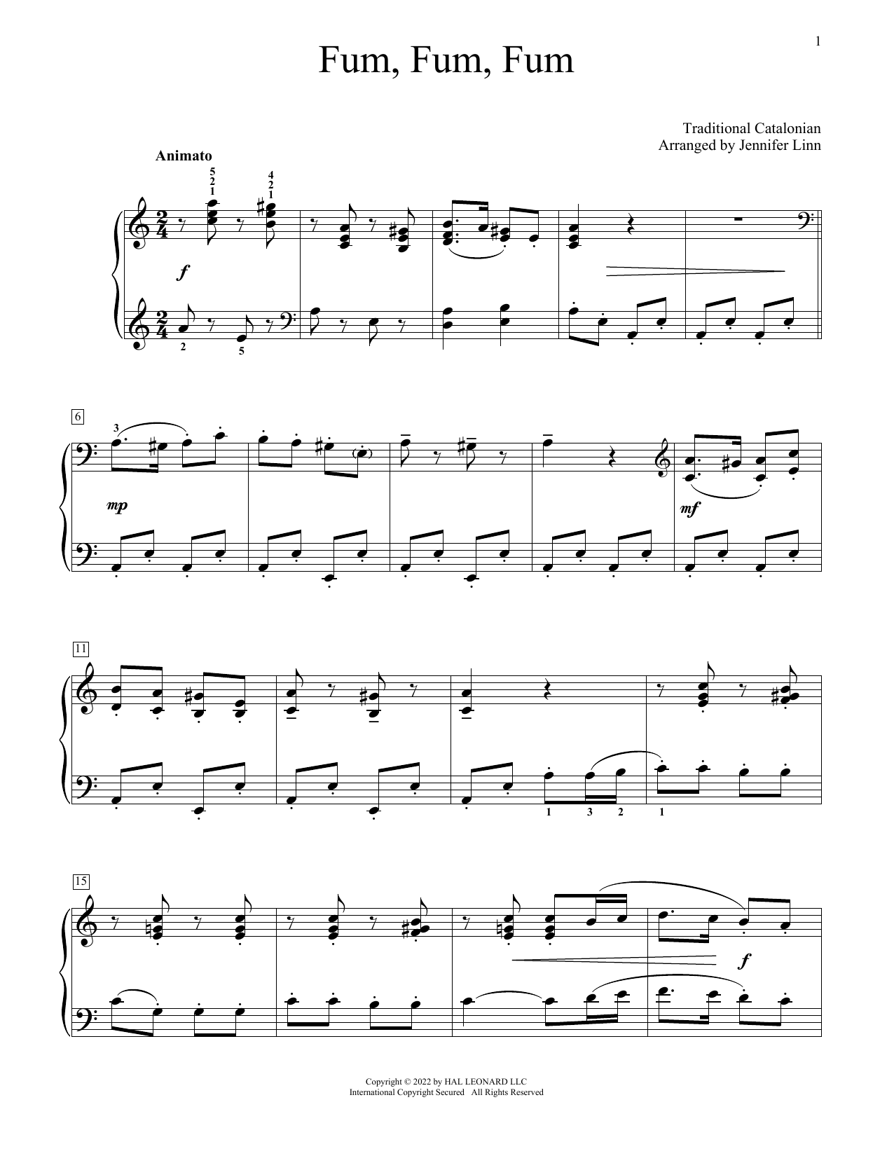 Traditional Catalonian Fum, Fum, Fum (arr. Jennifer Linn) sheet music, chords, lyrics - Printable PDF for Educational Piano