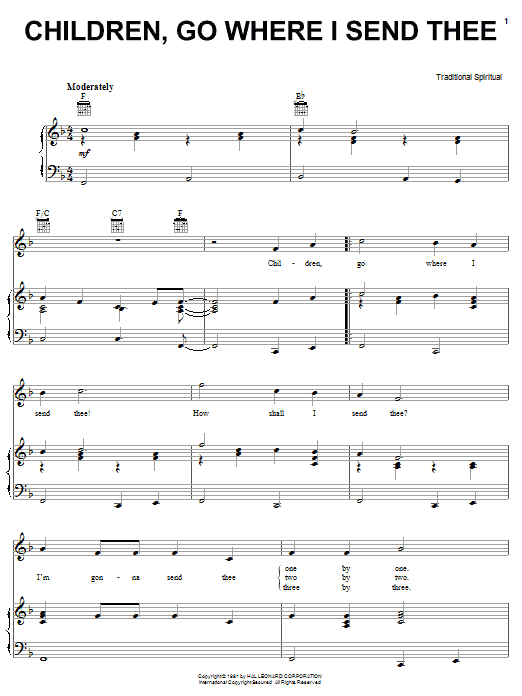 Learn to play Traditional Children Go Where I Send Thee sheet music for Piano, Vocal & Guitar (Right-Hand Melody) in minutes. Traditional Children Go Where I Send Thee sheet music preview music notes and score for Piano, Vocal & Guitar (Right-Hand Melody) including 2 page(s)