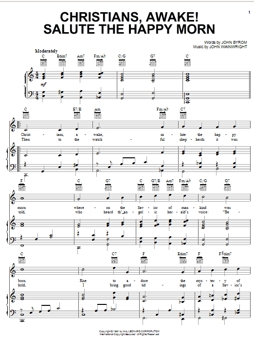 Traditional Carol Christians, Awake! Salute The Happy Morn sheet music, chords, lyrics - Printable PDF for Piano, Vocal & Guitar (Right-Hand Melody)