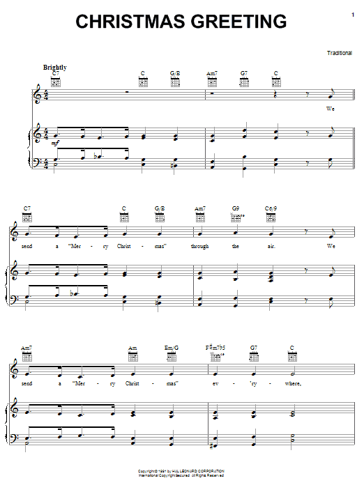 Learn to play Traditional Christmas Greeting sheet music for Piano, Vocal & Guitar (Right-Hand Melody) in minutes. Traditional Christmas Greeting sheet music preview music notes and score for Piano, Vocal & Guitar (Right-Hand Melody) including 2 page(s)